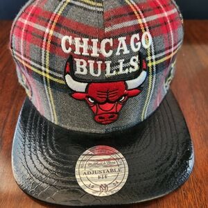 Mitchell & Ness Chicago Bulls Tartan Hat Cap Faux Croc Leather Bill Buckleback